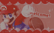 a red background with mario on it and the words welcome