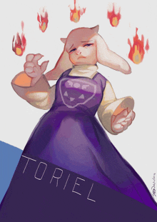 a drawing of a cartoon character named toriel with flames around her