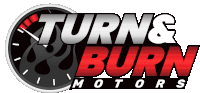 a logo for turn & burn motors with a clock