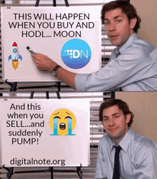 a man is pointing to a white board that says this will happen when you buy and hodl ... moon