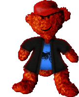 a red teddy bear is wearing a red hat and a blue shirt