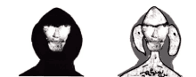 a drawing of a person with a hood and a drawing of a person without a hood