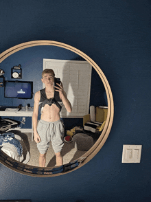 a man taking a picture of himself in a round mirror with a belt that says o'neill