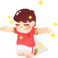 a boy in a red shirt with yellow stars on his head