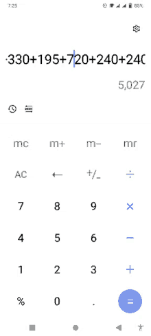 a calculator displays a calculation of 330 + 195 + 720 + 240 + 24c