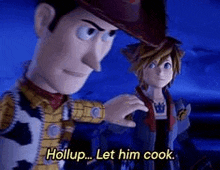 woody from toy story is standing next to a kingdom hearts character .