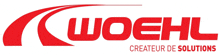 a red and white logo for woehl creator of solutions