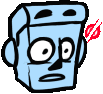 a cartoon drawing of a robot 's face with headphones and a red dart .