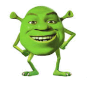 shrek is smiling and standing with his hands on his hips .