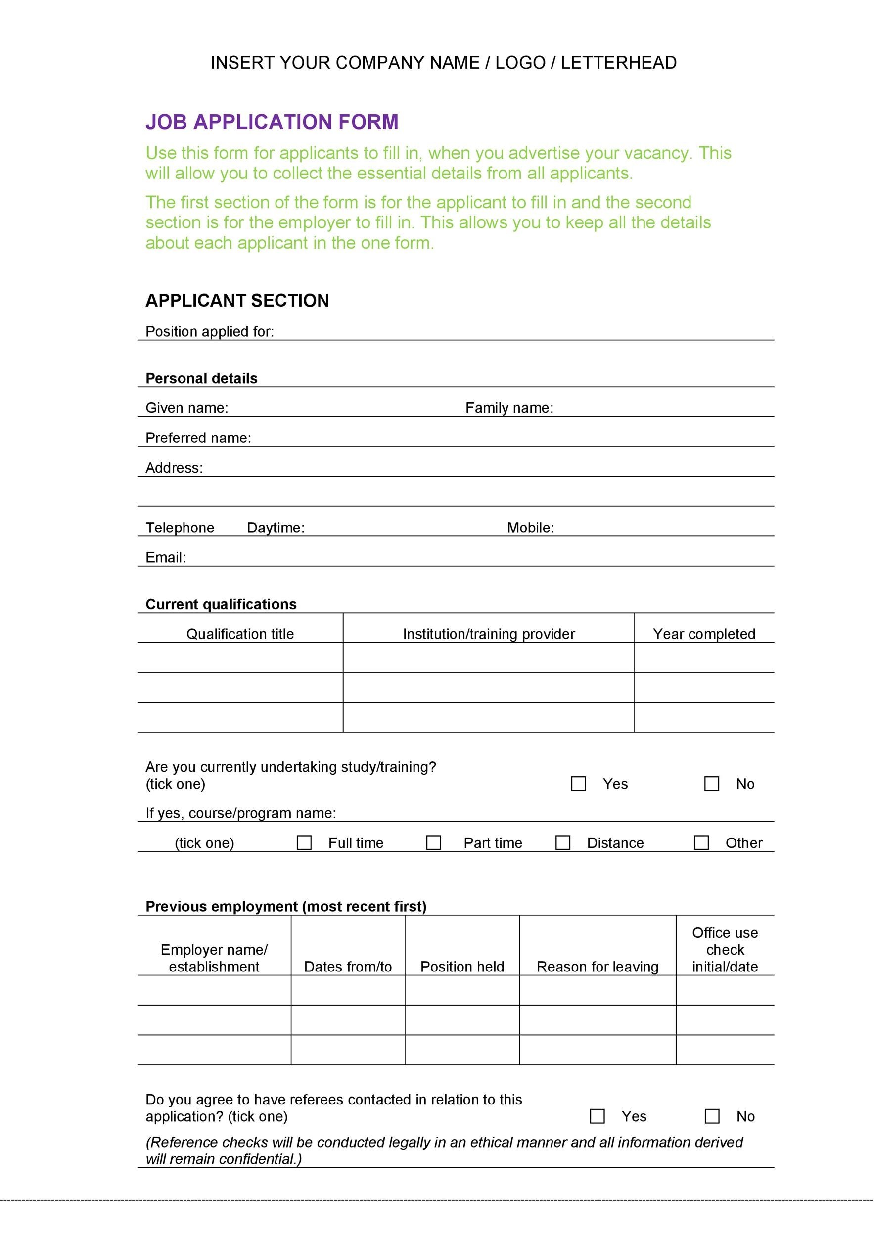 Free Printable Generic Employment Application