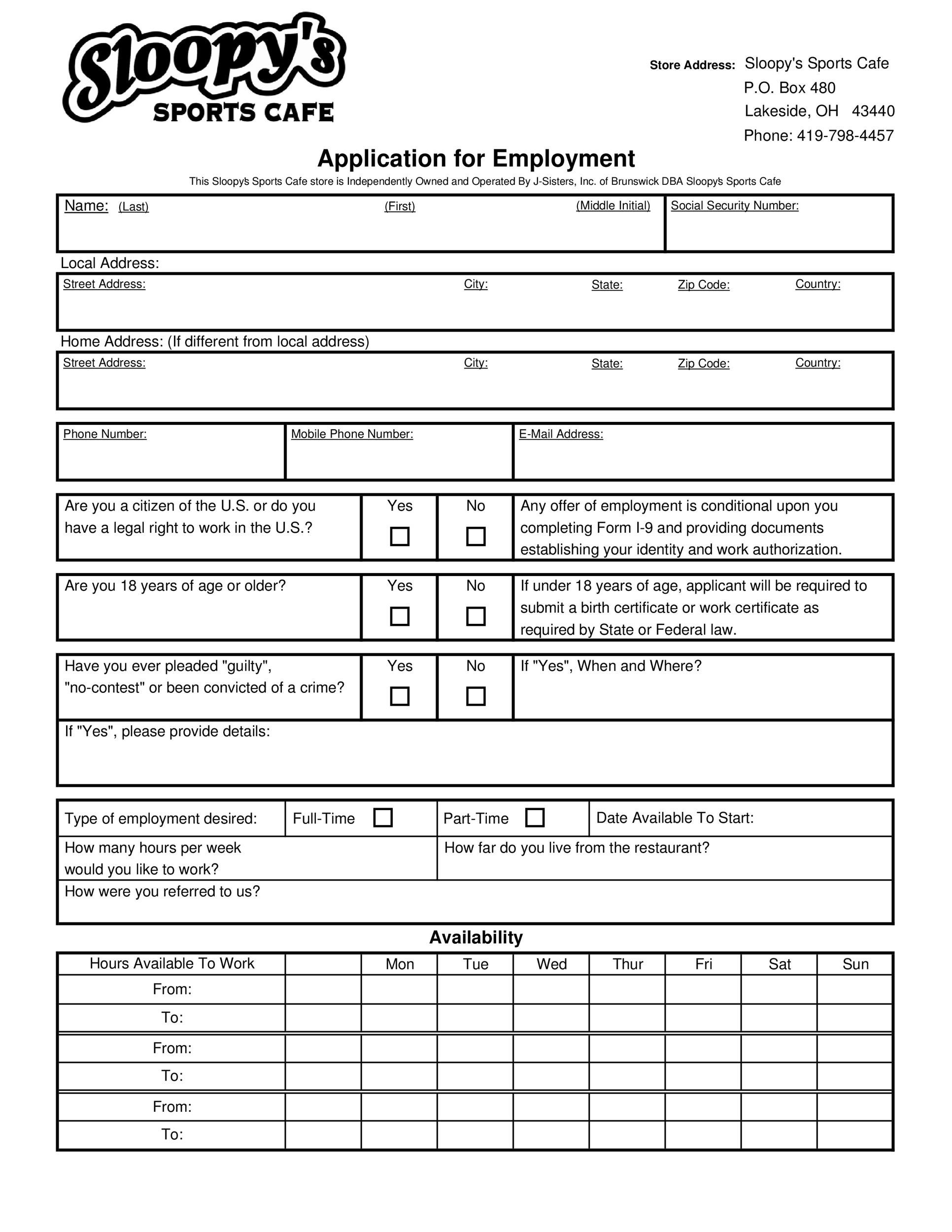 Employment Application Form Template Word