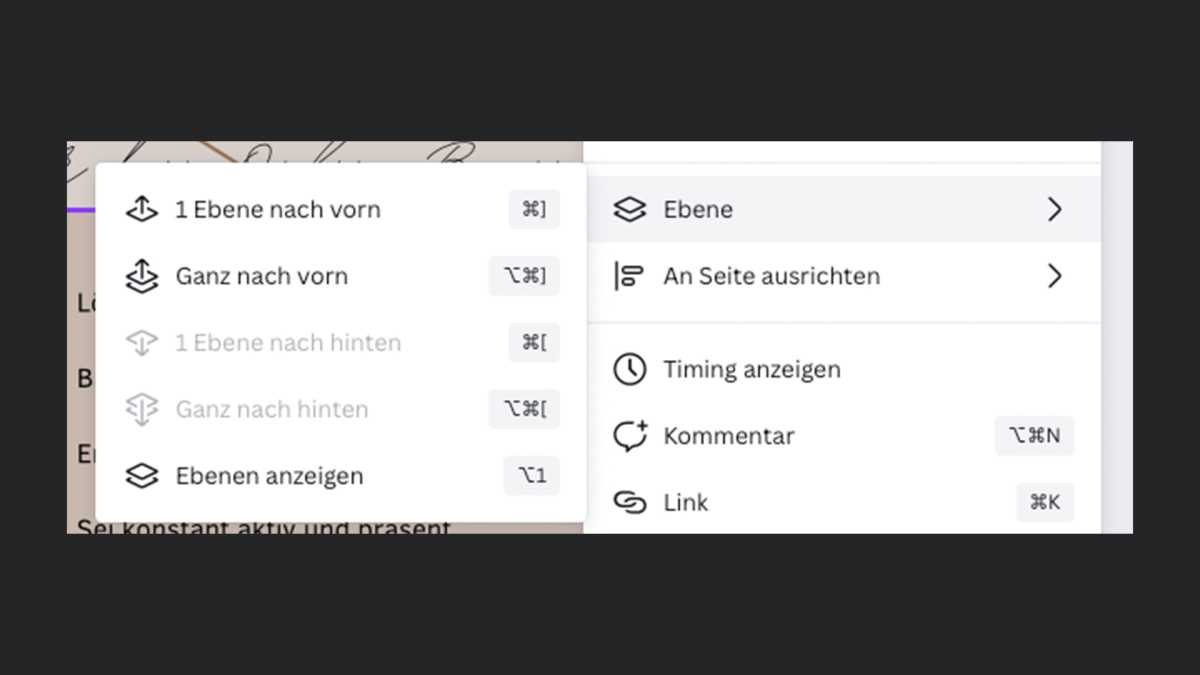 Positionieren Sie Ebenen in Canva über Rechtsklick