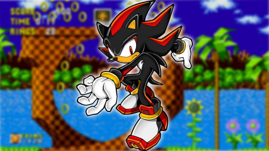 Sonic characters - Shadow the Hedgehog in front of a screenshot of Green Hill Zone