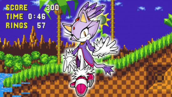 Sonic Charactes - Blaze the Cat in front of a screenshot of Sonic running through Green Hill Zone