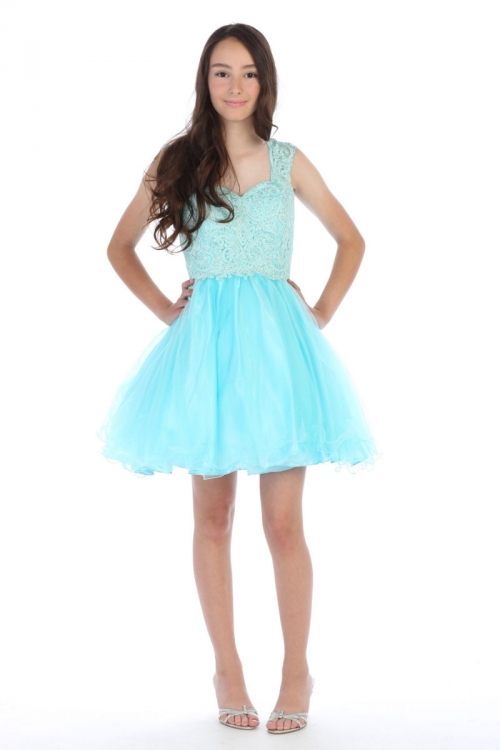 AG_DR5266XAQ - Girls Teen Dress Style DR5266X - AQUA Short Beaded Illusion  Neckline Party Dress - Plus Sizes 18-26 - Flower Girl Dresses - Flower Girl  Dress For Less