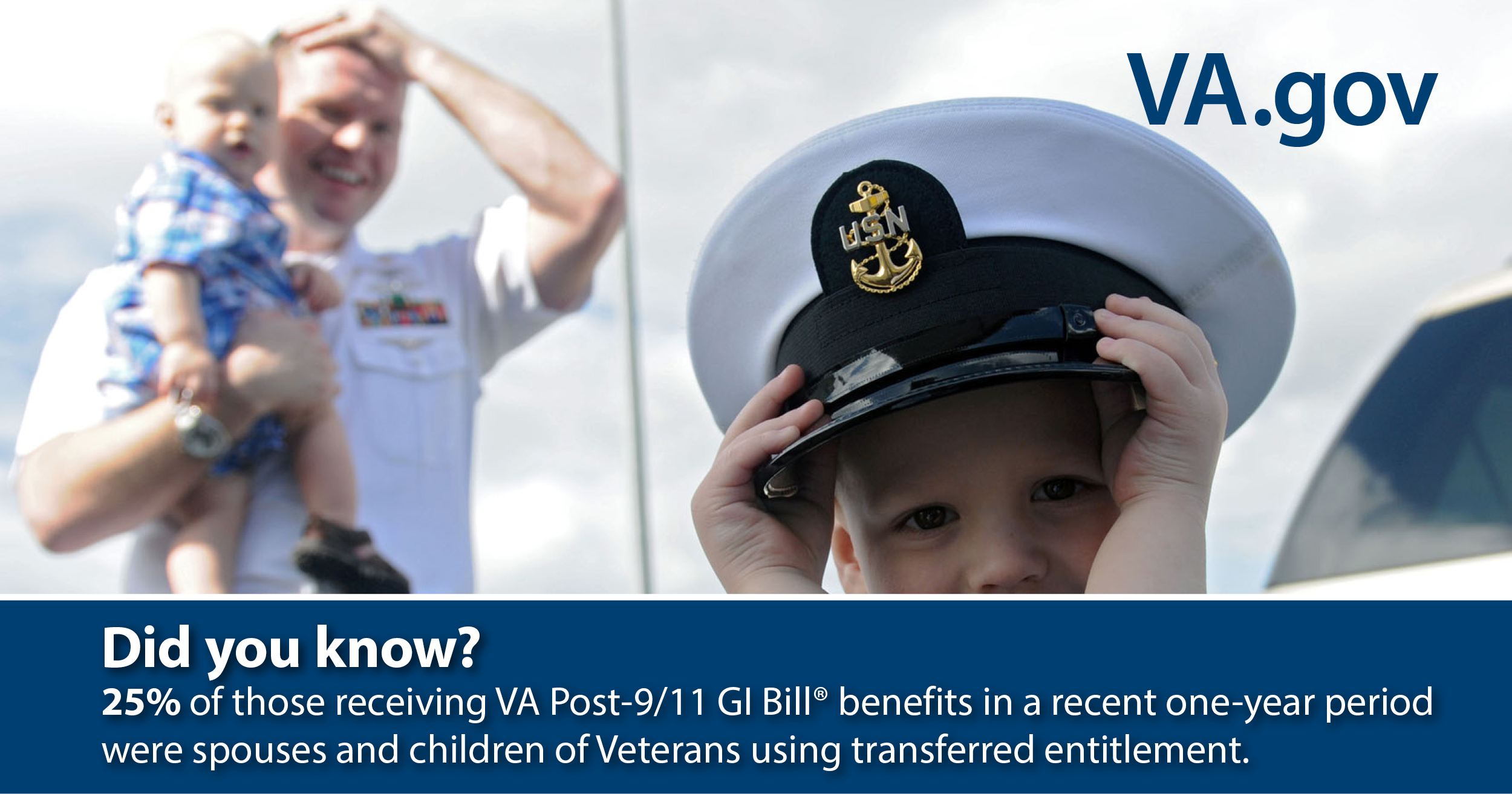 Did you know? 25% of those receiving VA Post-9/11 GI Bill benefits in a recent on-year period were spouses and children of Veterans using transferred entitlement.