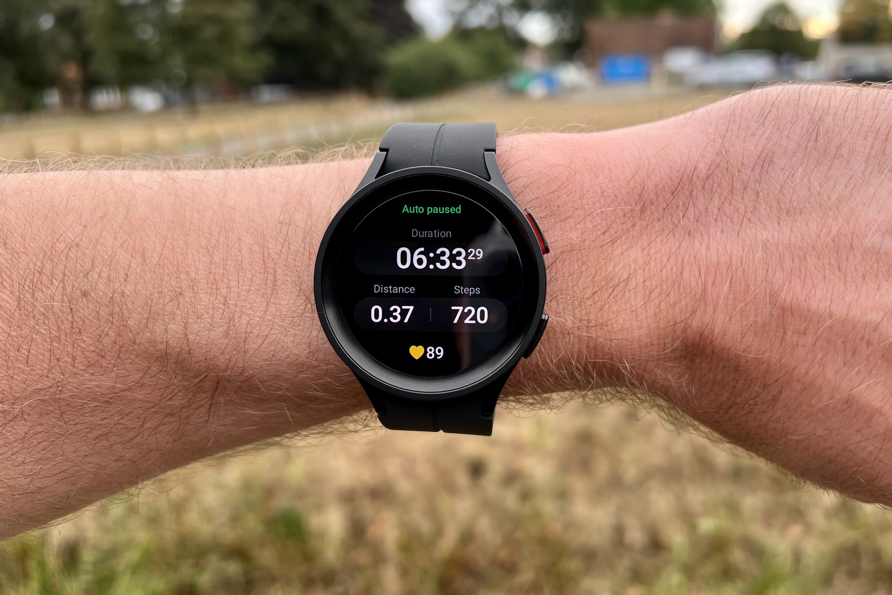 The Galaxy Watch 5 Pro showing its workout data on screen.