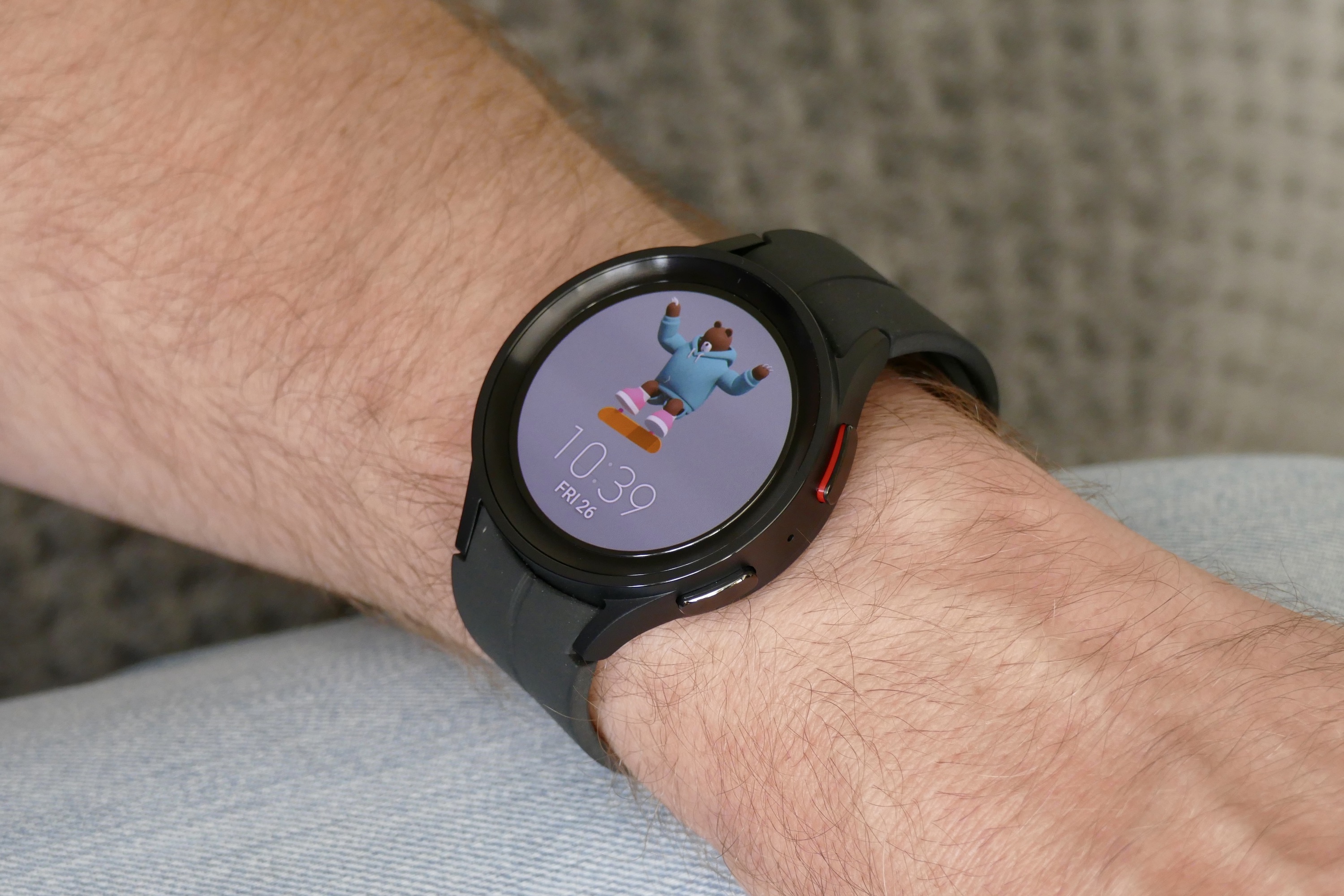 A bear watch face on the Galaxy Watch 5 Pro.