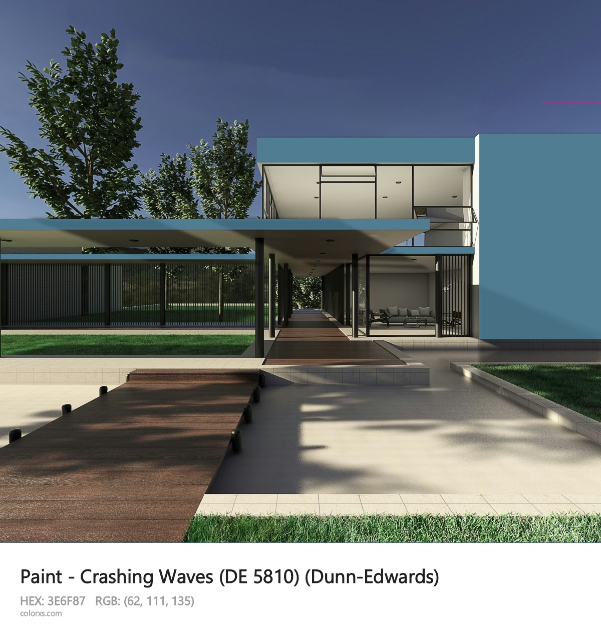 Dunn-Edwards Crashing Waves (DE 5810) Paint exterior design modern house with walkway