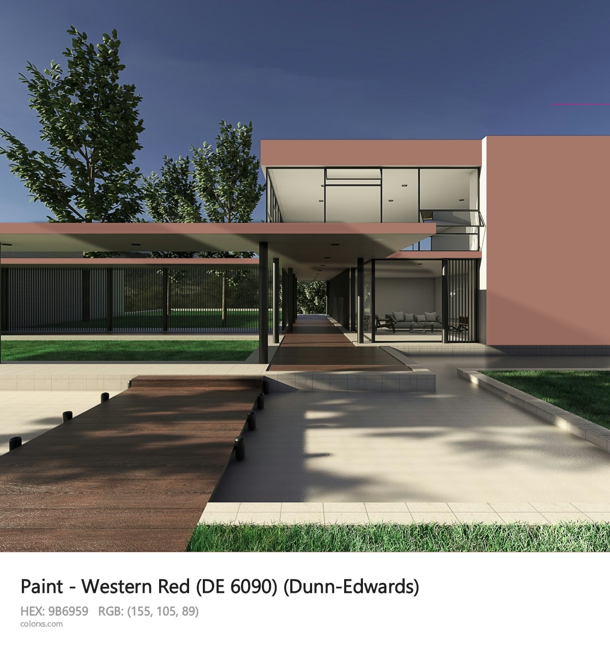 Dunn-Edwards Western Red (DE 6090) Paint exterior design modern house with walkway