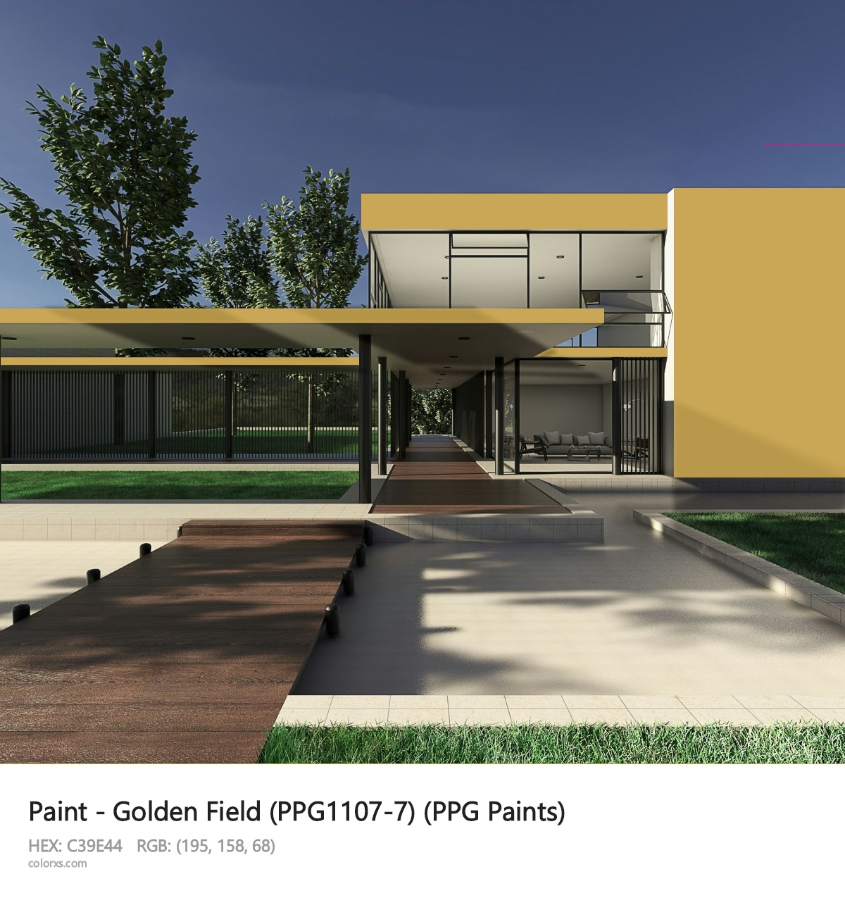 PPG Paints Golden Field (PPG1107-7) Paint exterior design modern house with walkway