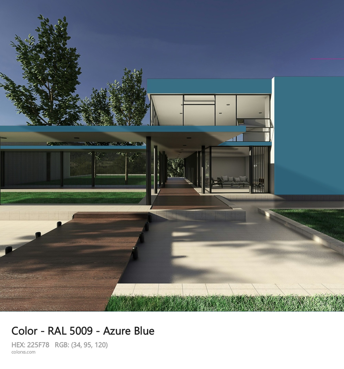 RAL 5009 - Azure Blue CMS exterior design modern house with walkway