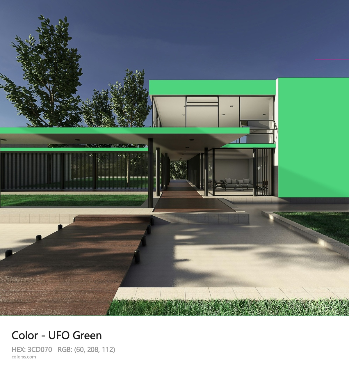 UFO Green Color exterior design modern house with walkway