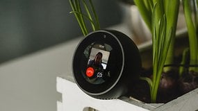 Um Amazon Echo Spot exibindo uma videochamada com uma pessoa e cercado por plantas verdes.