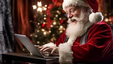 Der Weihnachtsmann schreibt an seinem Notebook Weihnachtsgrüße