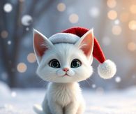 White Kitty Wearing Santa Hat