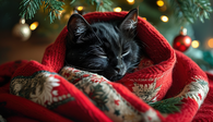 Sleeping Black Cat Under Christmas Tree