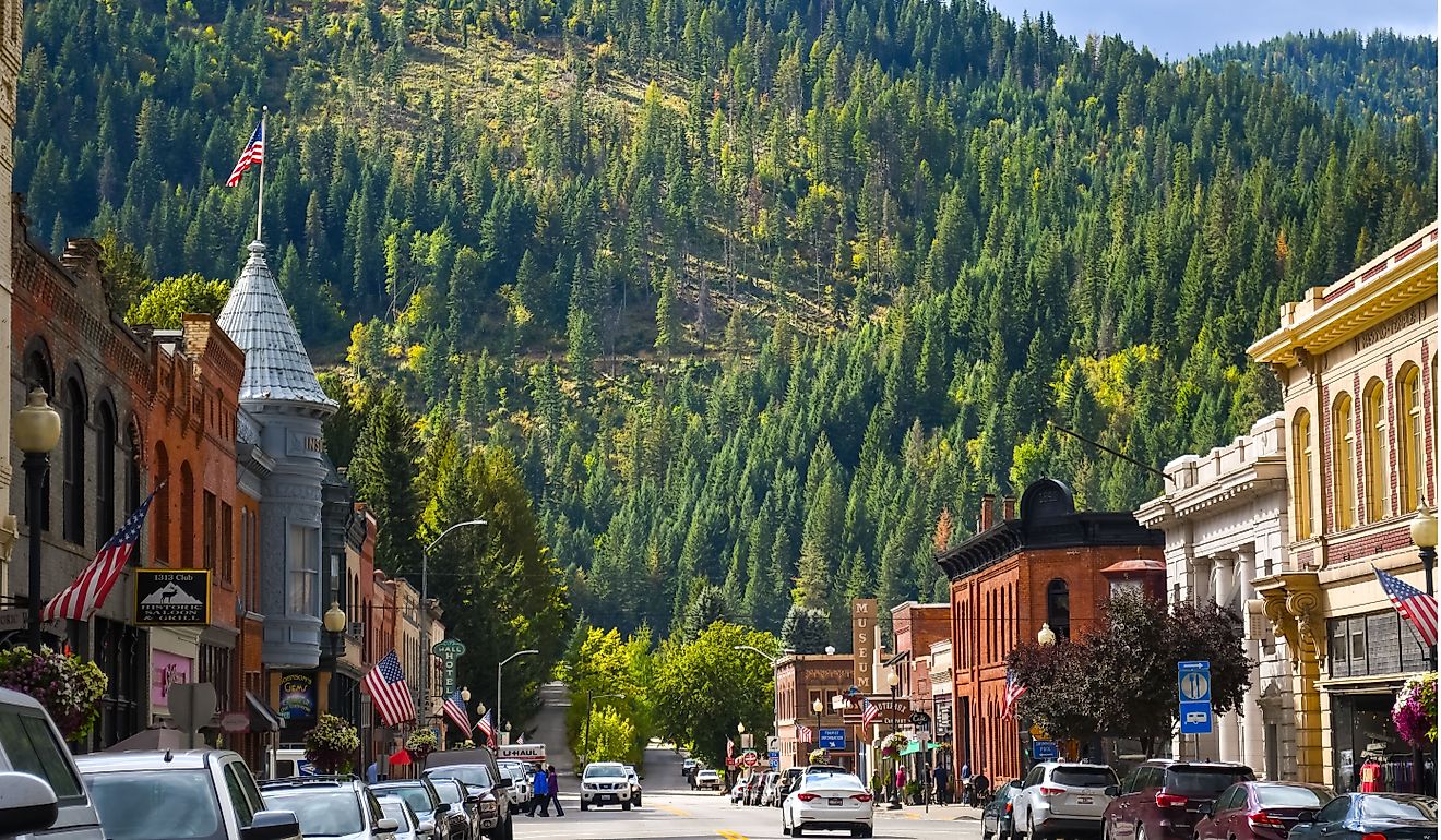 Main street with it's turn of the century brick buildings in the historic mining town of Wallace, Idaho.