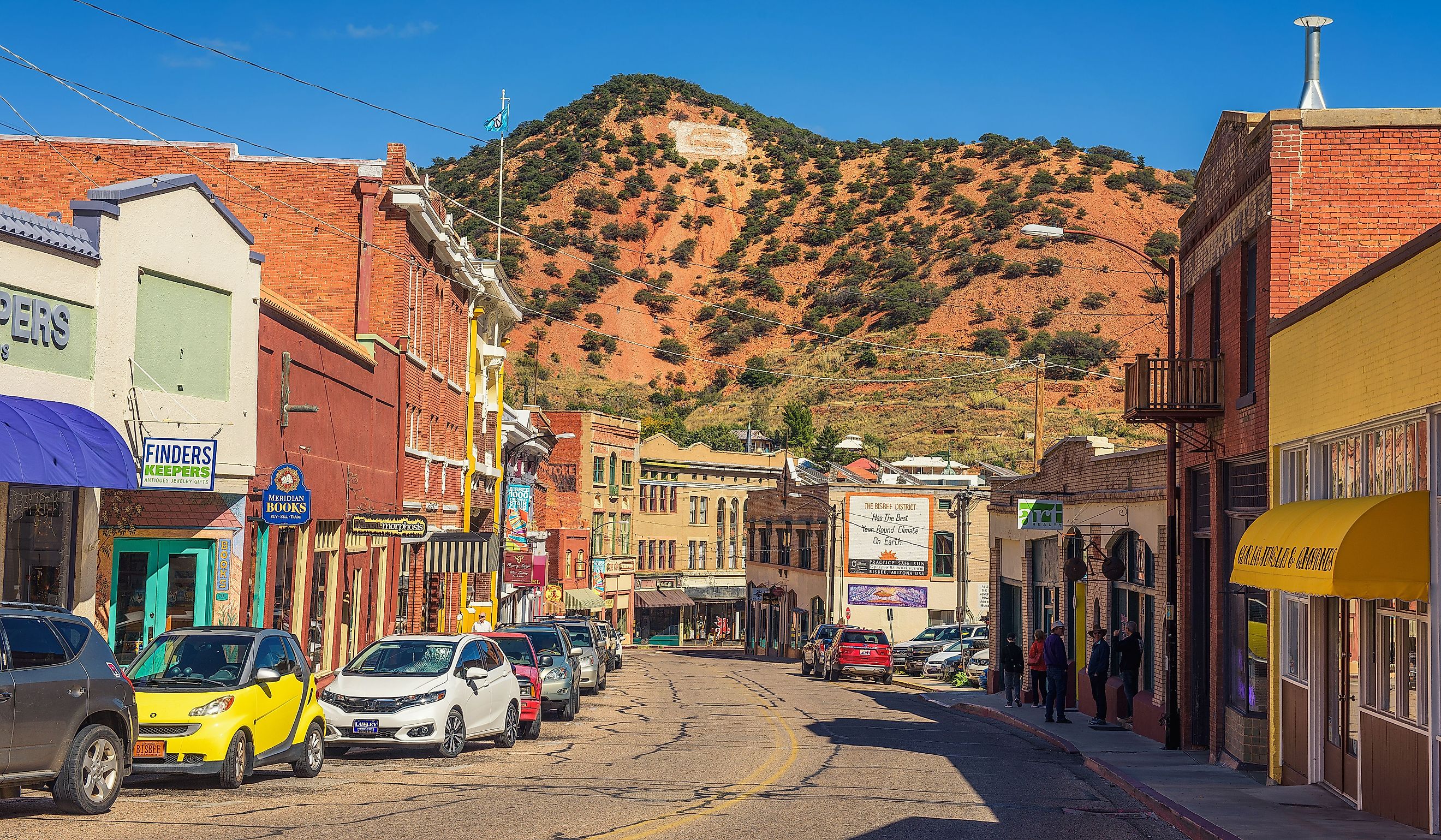 Downtown Bisbee located in the Mule Mountains with the large B on a hill in the background. Editorial credit: Nick Fox / Shutterstock.com