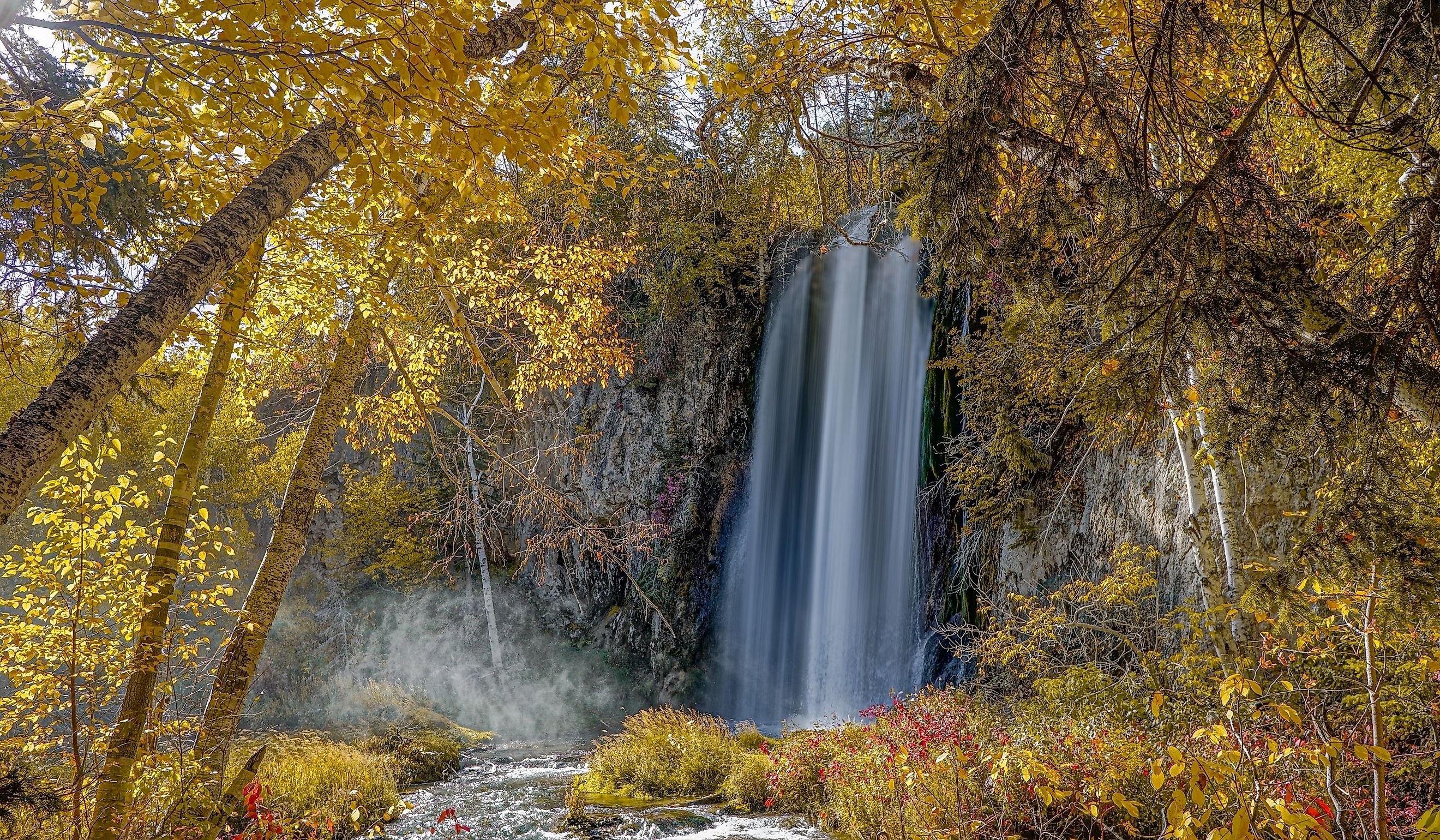 A picturesque waterfall flows through the heart of an autumn forest in Spearfish Canyon, South Dakota.