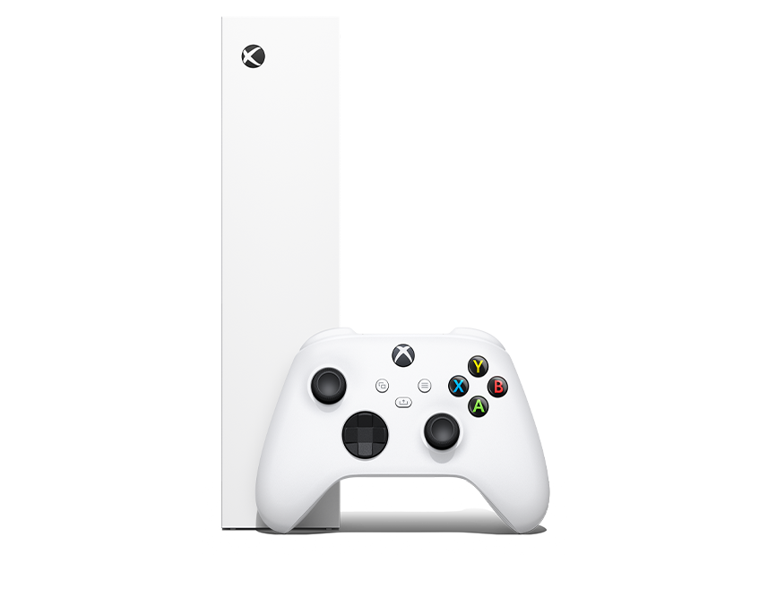 Seitenansicht der Xbox Series S – 1 TB Robot White mit Xbox Wireless Controller – Robot White