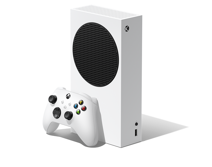 Ansicht der rechten Seite der Xbox Series S – 512 GB Robot White mit Xbox Wireless Controller – Robot White