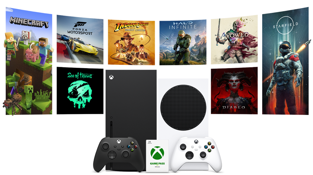 Xbox Series X- und Xbox Series S-Konsolen nebeneinander mit Controllern, einer Xbox-Geschenkkarte und Posterbildern von Spielen, die mit einer Game Pass-Mitgliedschaft verfügbar sind.