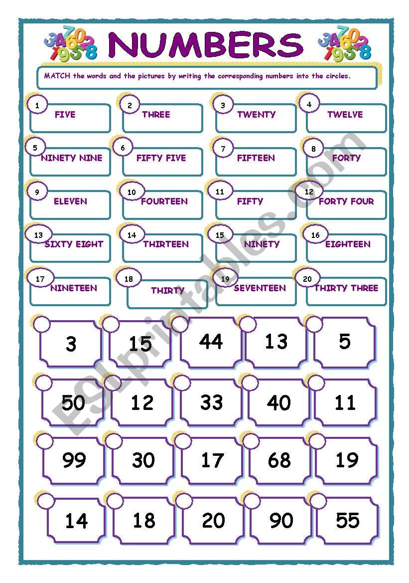 NUMBERS - Matching exercise - ESL worksheet by crisprata