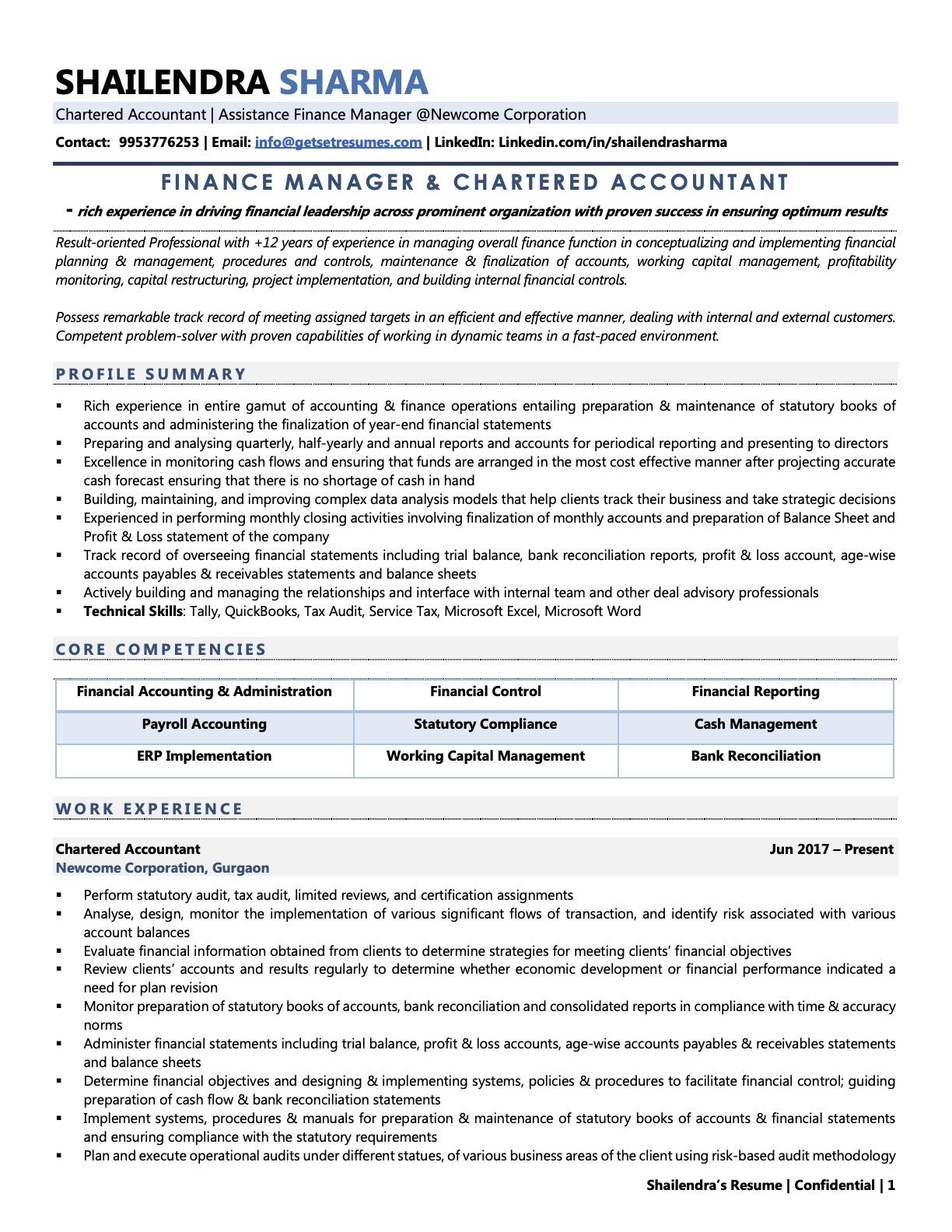 Chartered Accountant (CA) Resume Examples & Template (with job winning ...