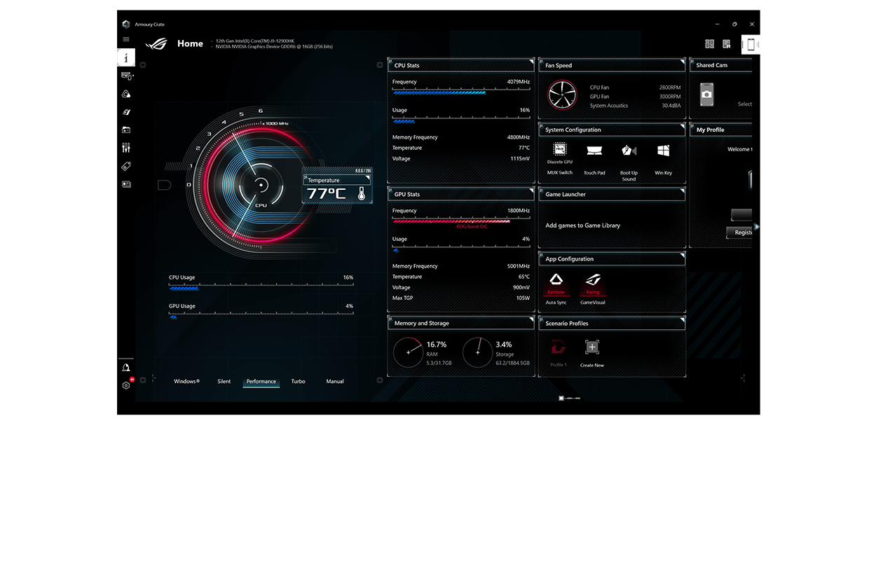 Armoury Crate dashboard inscreen