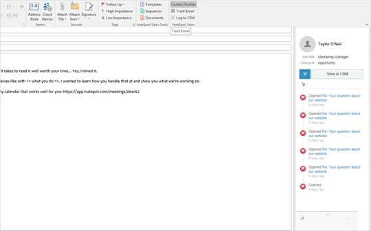 Die kostenlose CRM-Benutzeroberfläche von HubSpot für Outlook zeigt eine E-Mail an