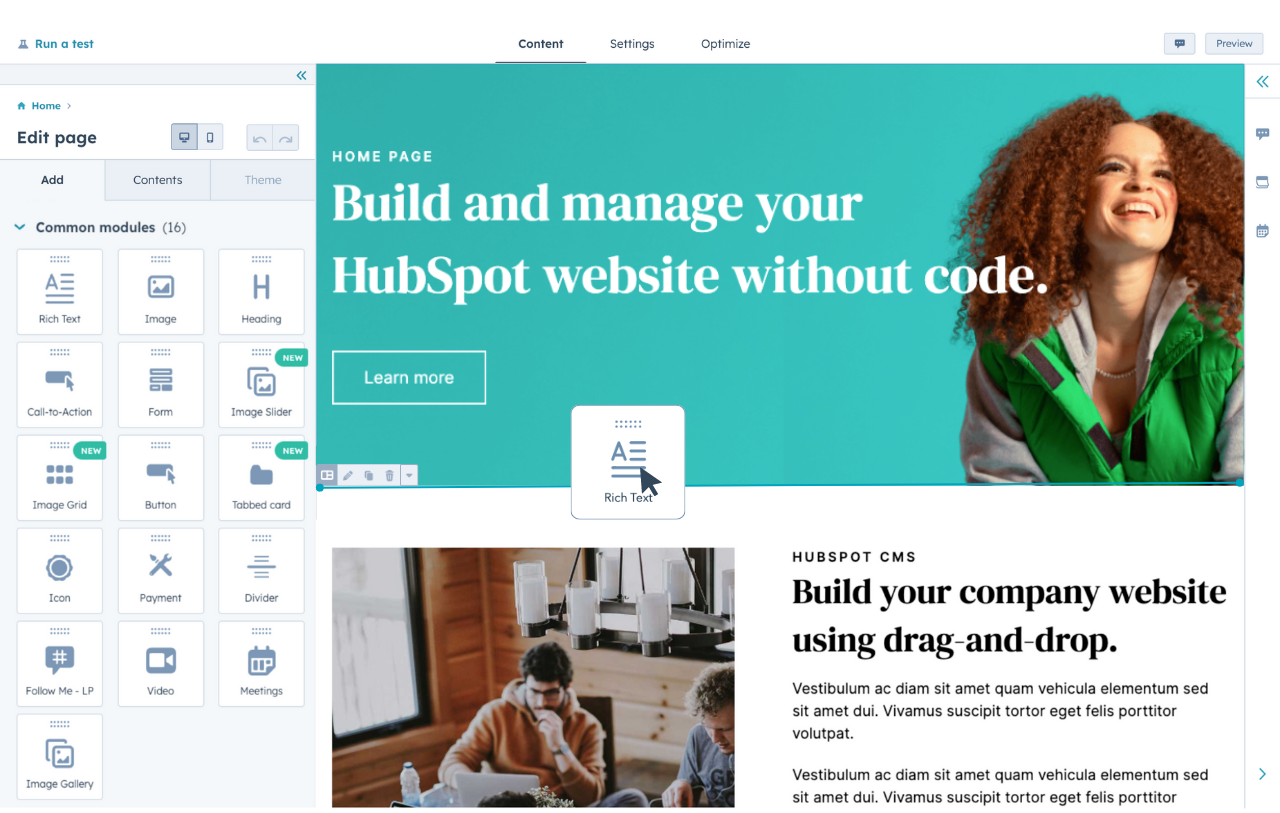 CMS-Tools von HubSpot mit Seiten-Editor und Drag-and-Drop-Funktion