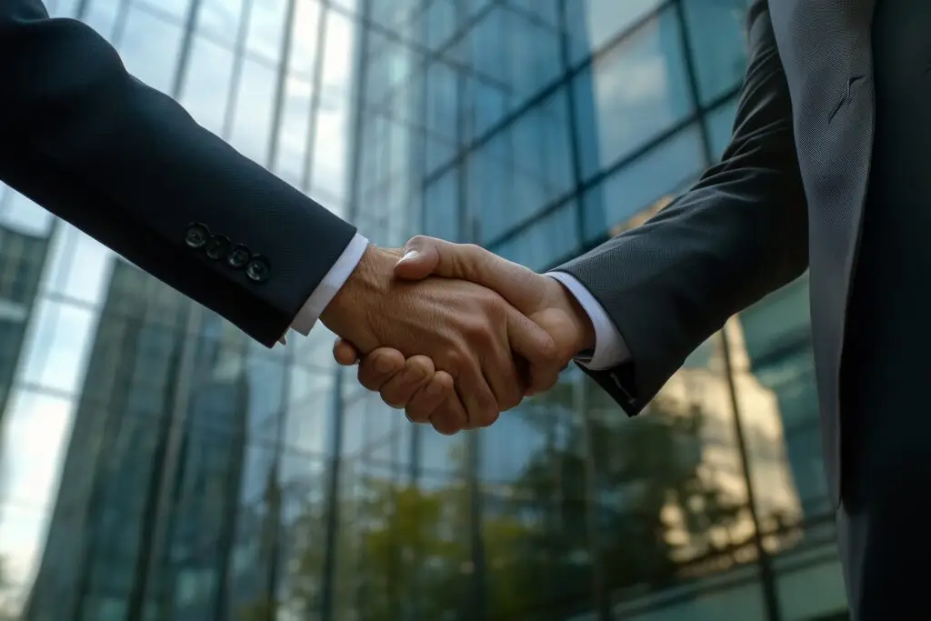 Closeup, deal and handshake for contract, agreement and success for broker in business office. People shaking hands, opportunity and b2b partnership for collaboration, trust and thank you in meeting