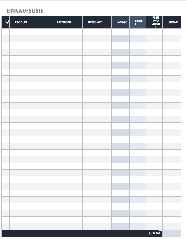 Vorlage für Einkaufsliste