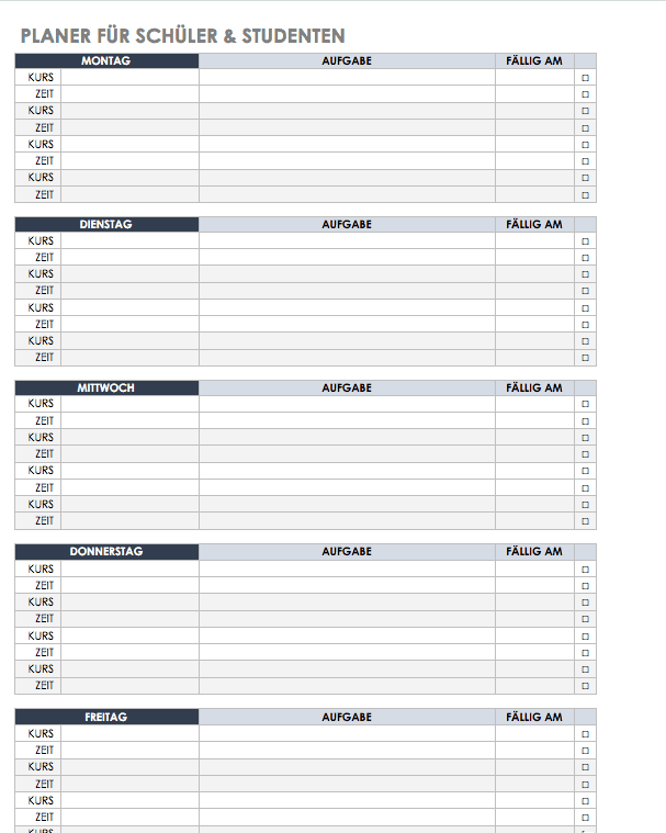 Vorlage Planer für Schüler und Studenten