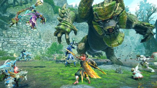 Best multiplayer games: Hunters fighting a monster in Monster Hunter Rise