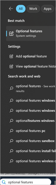 Direct search for “optional features” from the taskbar.