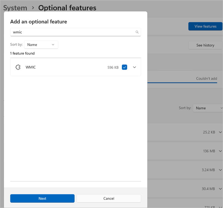 The pop-up window to add an optional feature shows WMIC as a selected feature.