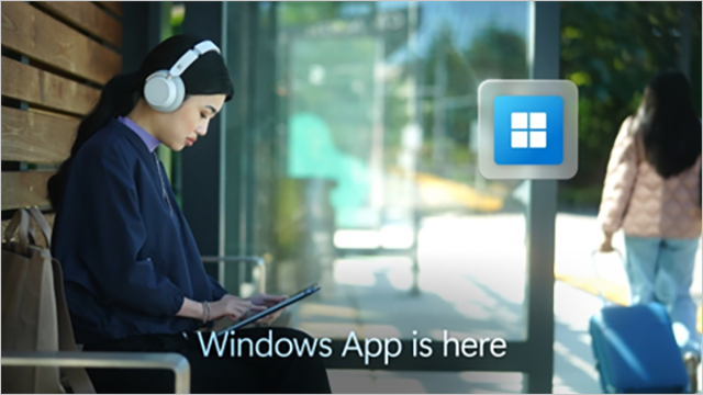 Person sitting on bench working on tablet with Windows App is here graphic