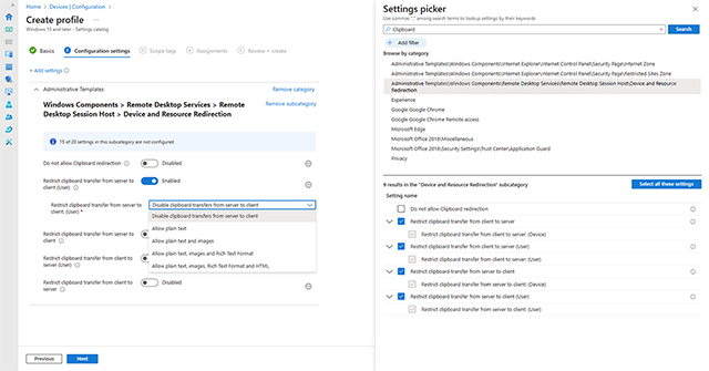 Screenshot of Intune Settings Catalog picker showing the selections for configuring restrictions of clipboard transfers from either server to client or client to server and the types of data that can be copied.